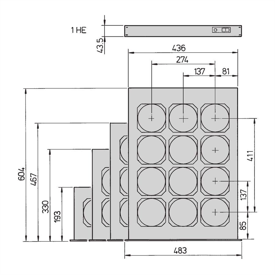 SCHROFF 19" ventilatorelementbehuizing, 1 HE voor 12 ventilatoren, 38 mm