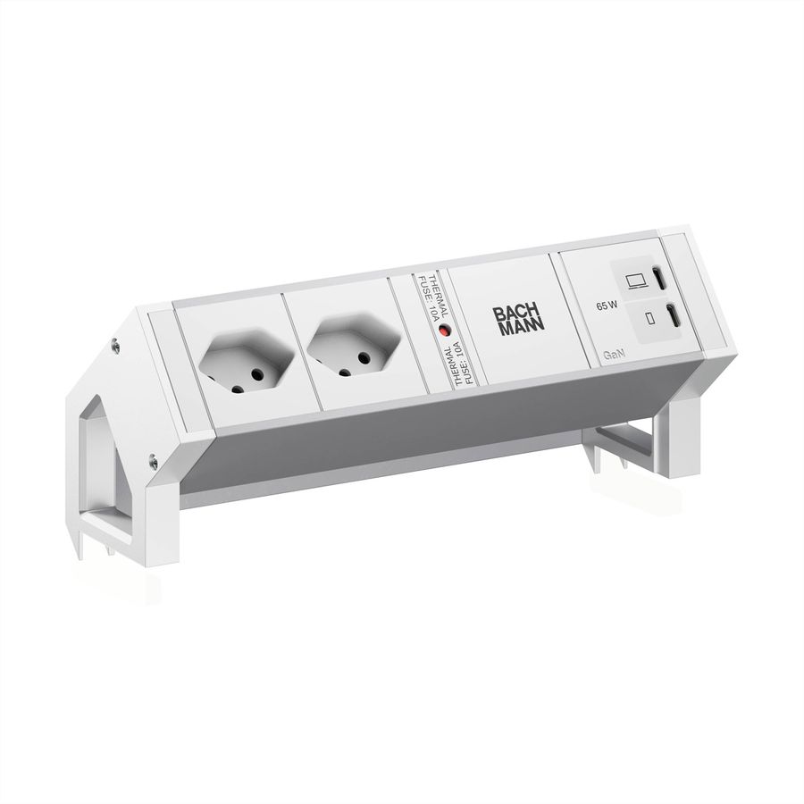 BACHMANN DESK2 ALU WHITE 2xCH 90°, 1xUSB C/C 65W L=0.2m RAL9010