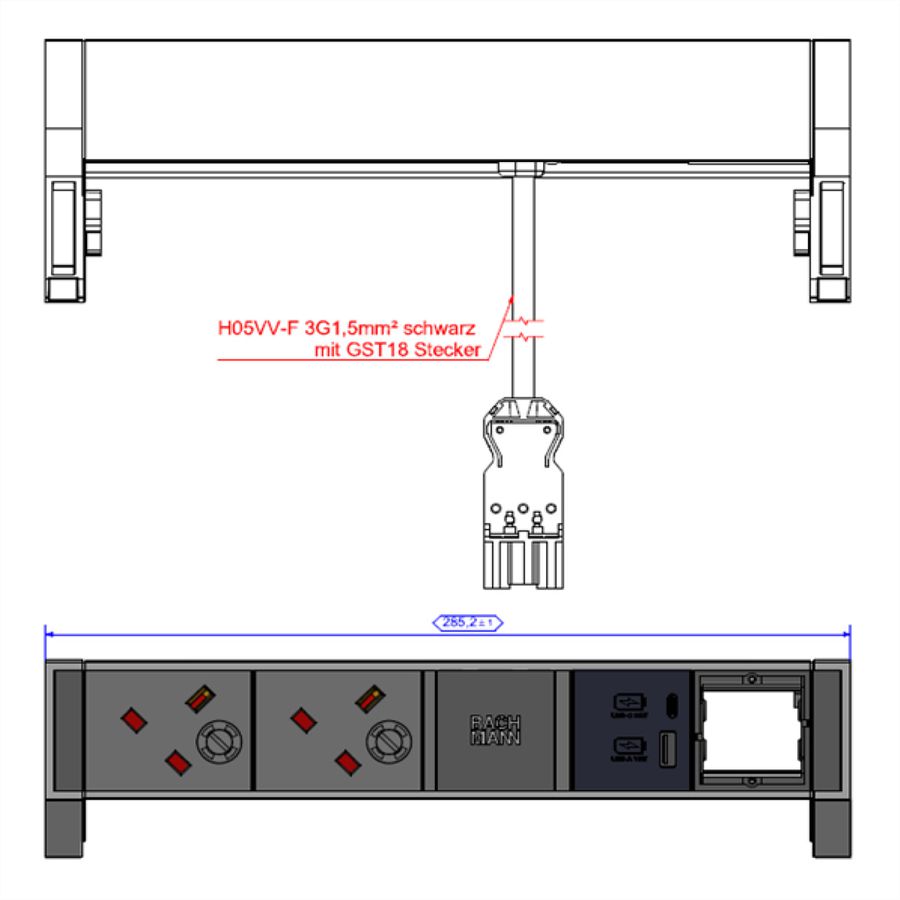 BACHMANN DESK2 2xUK 1xUSB A/C 22W 1xCM, 0.2m GST18 RAL9010 United Kingdom