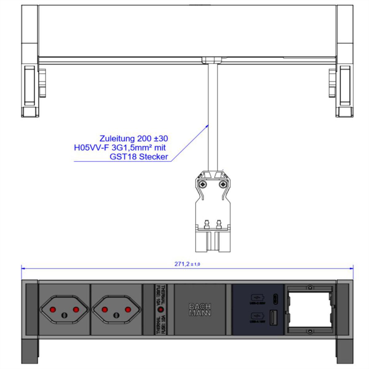BACHMANN DESK2 2xCH 1xUSB A/C 22W 1xCM, 0.2m GST18 RAL9005 Switzerland