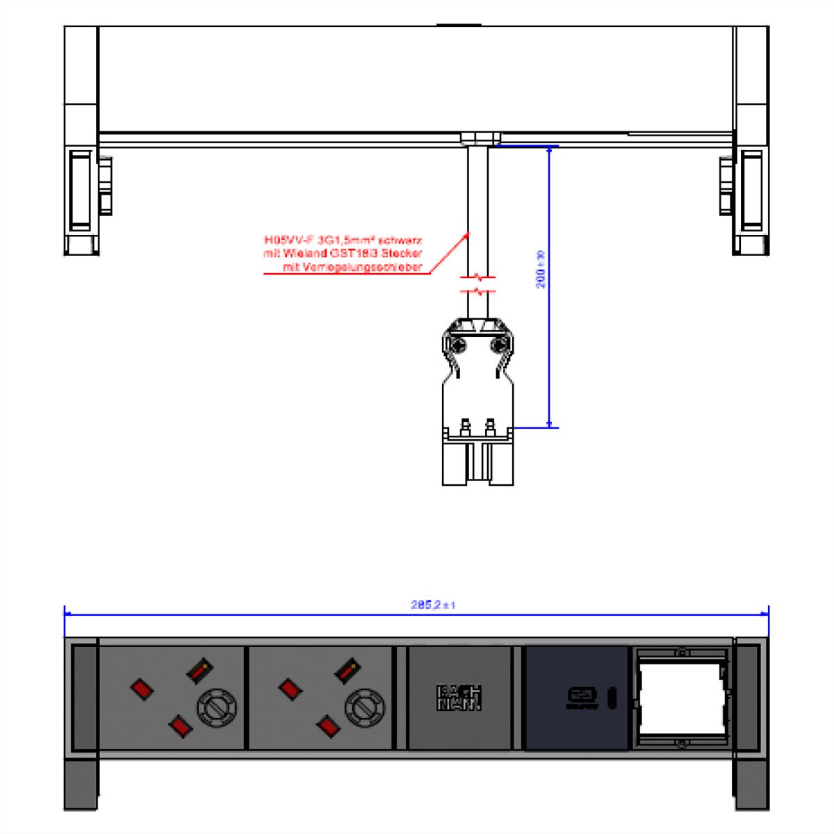 BACHMANN DESK2 ALU ZWART 2xUK 1xCM, 1xUSB C 30W 0,2m GST18 Verenigd Koninkrijk (UK)