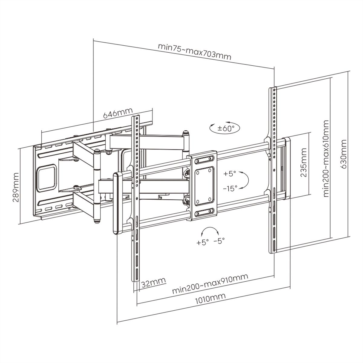 VALUE Solid Articulating Wall Mount TV Holder, < 120kg, < 304.8cm (60" - 120")