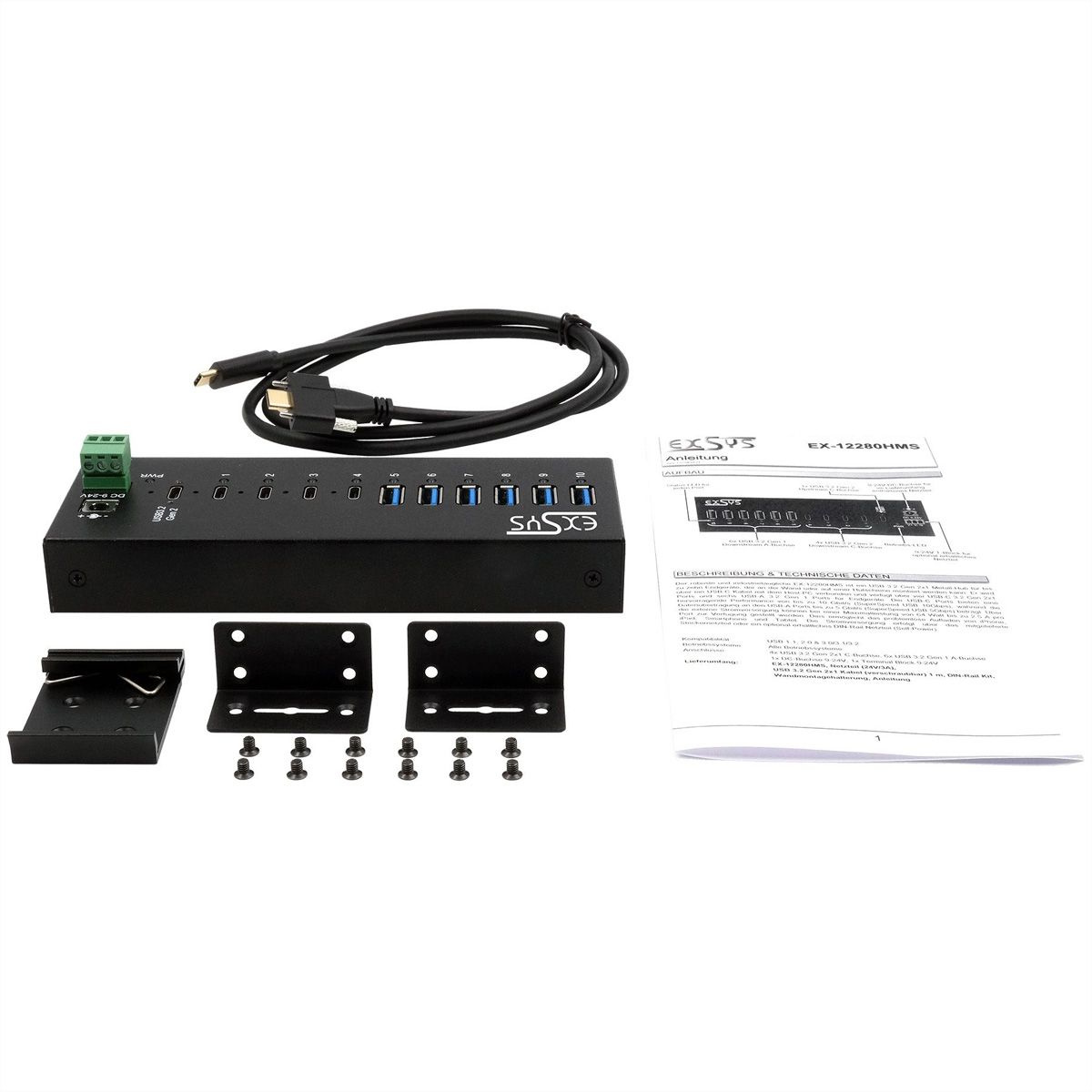 EXSYS EX-12280HMS 10 Port USB 3.2 Gen 2x1 Metal HUB, 4x USB-C, 6x USB-A 3.2 Gen 1, for desk, wall and DIN-Rail mounting