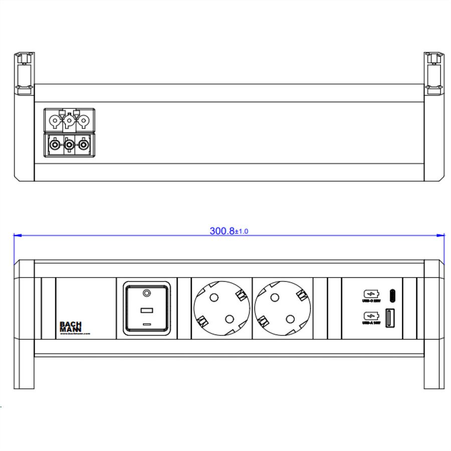 BACHMANN DESK 2xCEE7/3 1xSwitch 1xUSB A/C 22W GST18 RAL9010