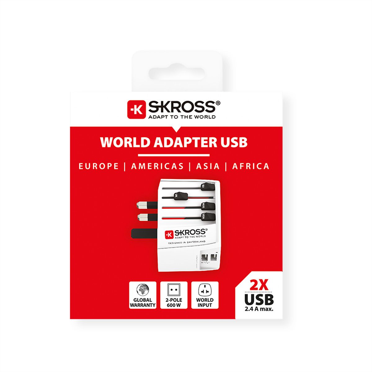 Skross MUV USB 2A Universal 2-pole Travel Adapter, worldwide