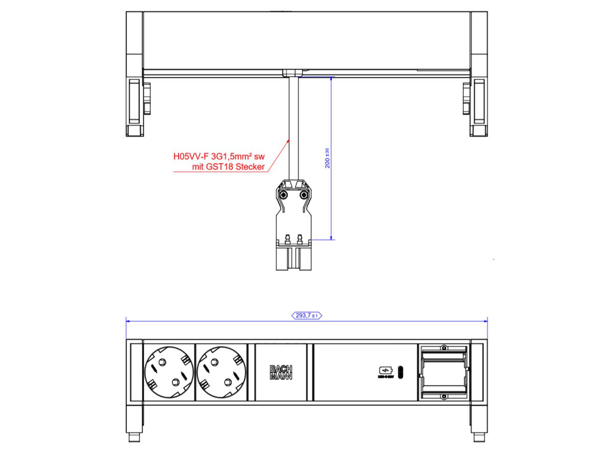BACHMANN DESK2 ALU ZWART 2xbeschermend contact USB C, USB Lader 60W 1xABD 0,2m GST18