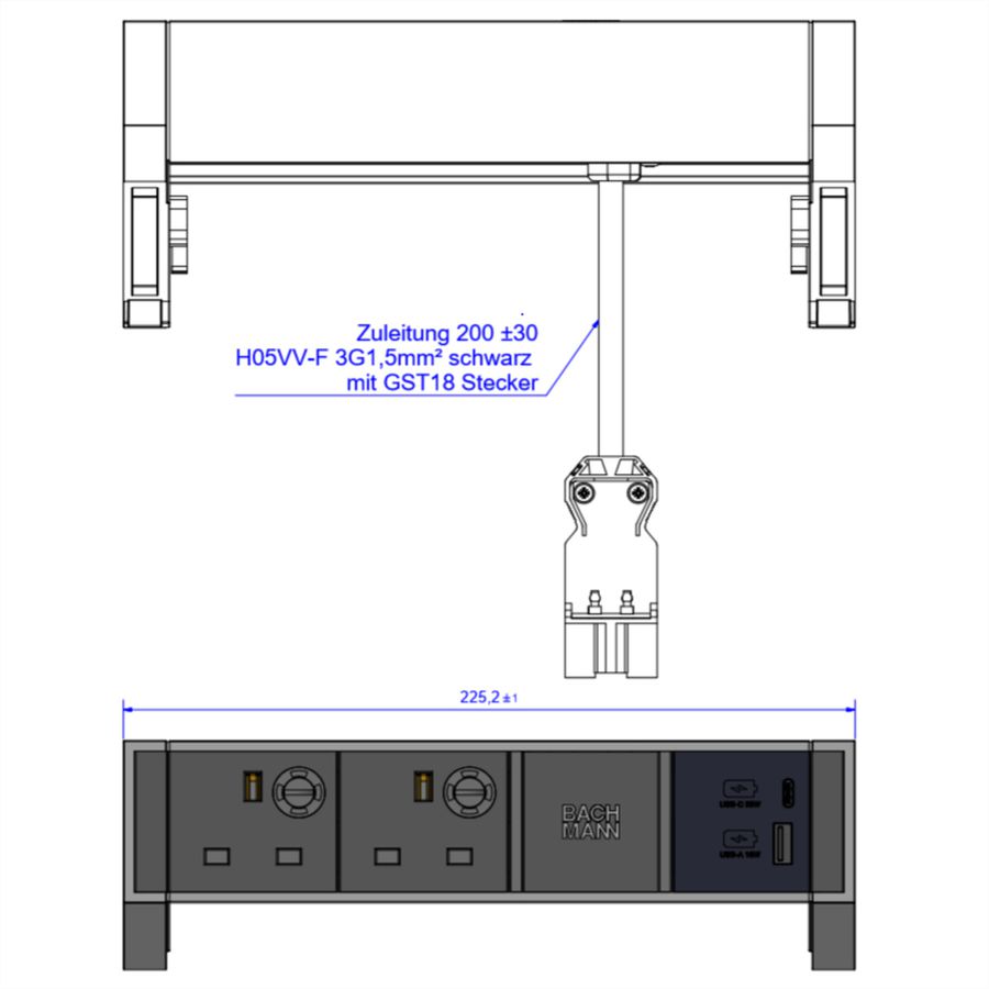 BACHMANN DESK2 2xUK 1xUSB A/C 22W, 0,2m GST18 INOX Verenigd Koninkrijk