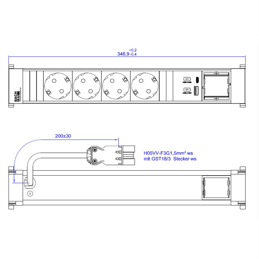 BACHMANN POWER FRAME 4xCEE7/3 1xCM 1xUSB A/C 22W 0,2m RAL9010