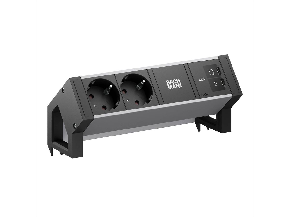 BACHMANN DESK2 ALU BLACK 2xCEE7/3, 1xUSB C/C 45W L=0,2m RAL9005