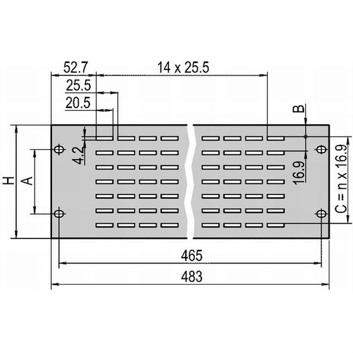 SCHROFF 19" Front Panel, Vented, 1 U, 2.5 mm, Al, RAL 7021