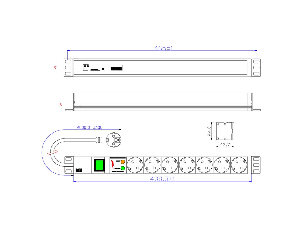 BACHMANN 19" socket strip 7-way with ÜS with switch, black