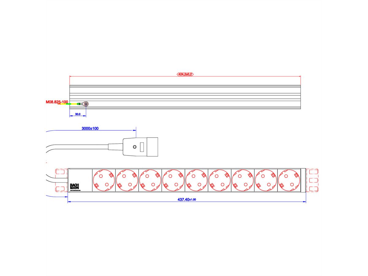 BACHMANN 19" socket strip 9x protective contact C20 plugs, black