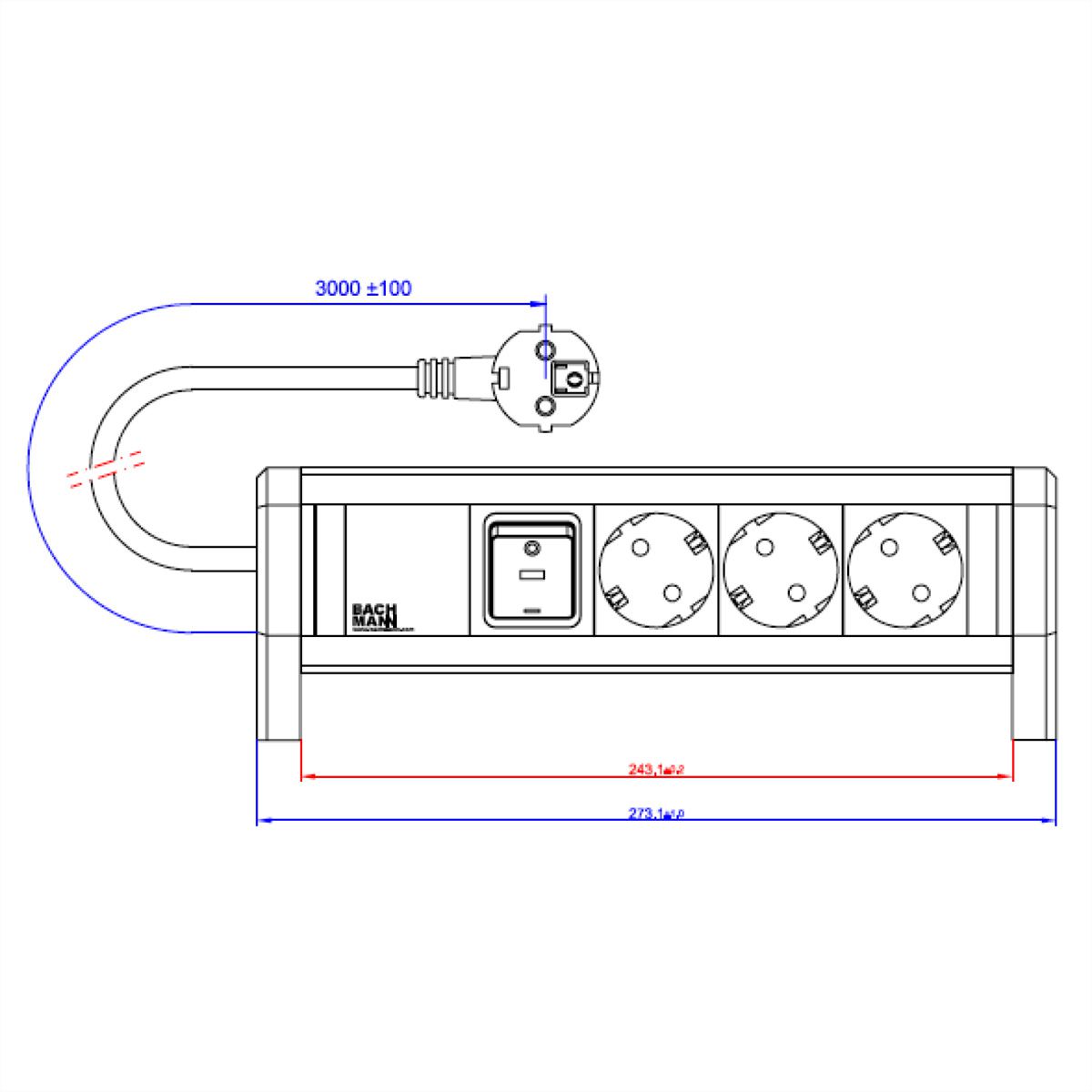 BACHMANN DESK 3x geaard stopcontact, met schakelaar, 3 m