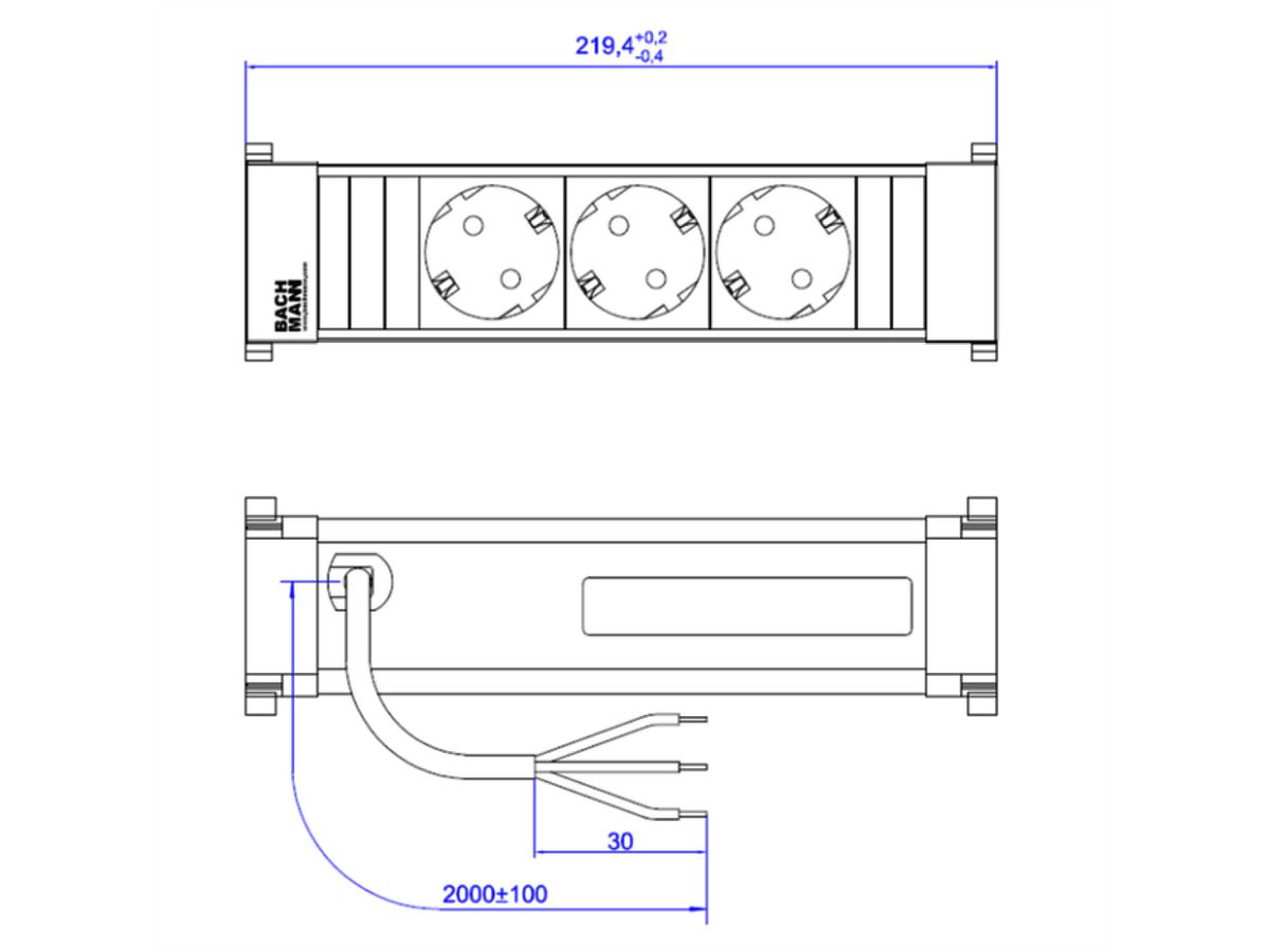 BACHMANN POWER FRAME 3xCEE7/3, Power 2.0m AEH incl. mounting plug