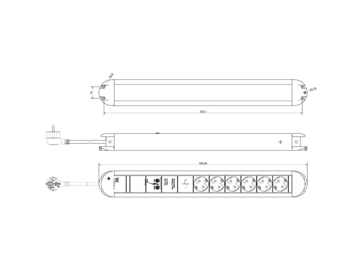 BACHMANN PRIMO stekkerdoos 6-voudig geaard, Aluminium, Volledige apparaatbescherming, 1,75 m