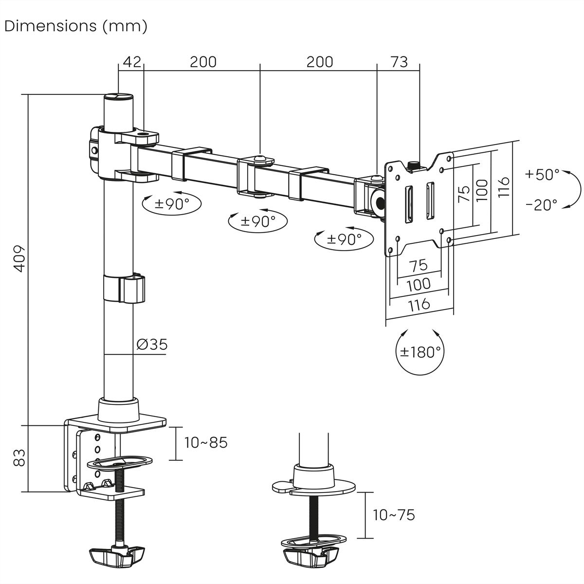 VALUE Heavy Duty Monitor Arm, Pole-Mounted, 17–49 inch, max. 20 kg
