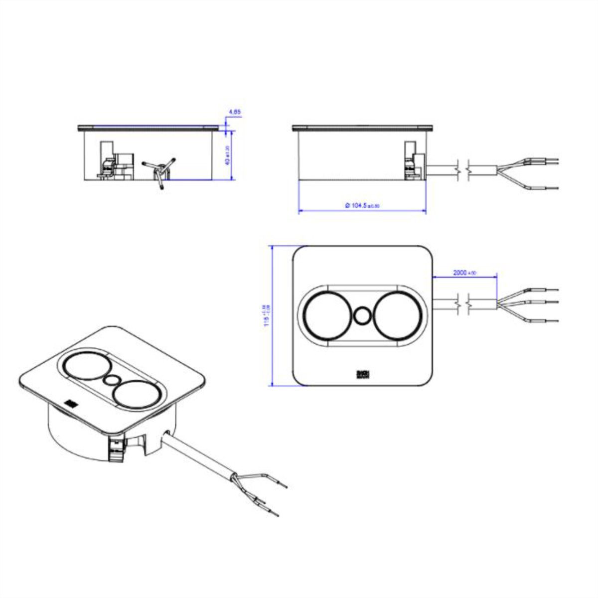 BACHMANN TWIST 2 1xUTE 1xUSB A/C 22W 2,0m AEH RAL9010 30GE angular