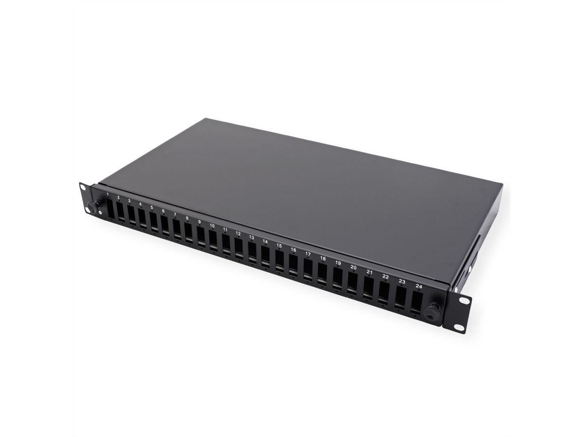 VALUE 19" glasvezel patchbox, leeg 1 HE, uittrekbaar, geschikt voor 24x SC-DX/LC 4-voudig
