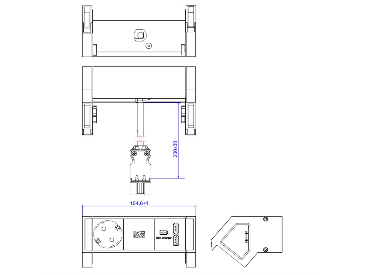 BACHMANN DESK2 ALU ZWART 1x geaard stopcontact 1x USB oplader GST18