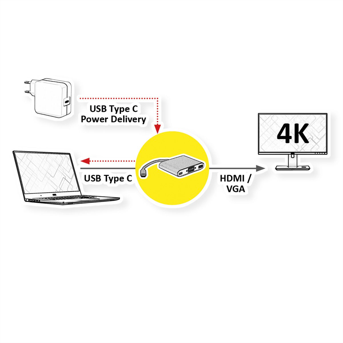 ROLINE GOLD Type C - VGA / HDMI / Type C PD Adapter, M/F