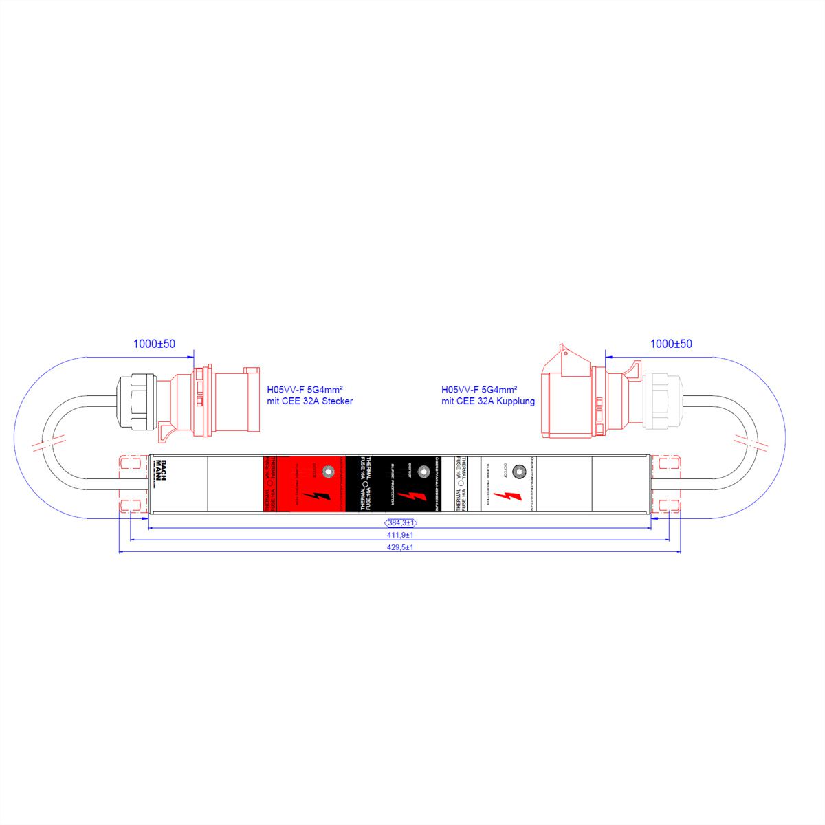 BACHMANN ALU 1U VM 3xSPD without LED, green 2x1m H05VV-F 5G4.0mm CEE 32A