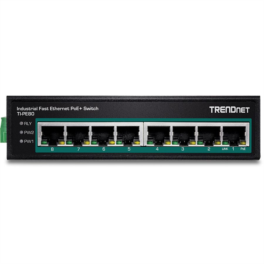 TRENDnet TI-PE80 Industrial Fast Ethernet PoE+ DIN-Rail Switch 8-Port