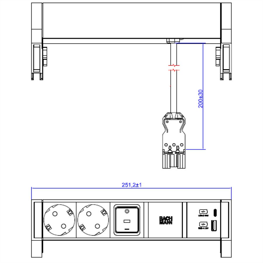 BACHMANN DESK2 ALU WHITE 2xCEE7/3 1xSwitch 1xUSB A/C 22W 0,2m