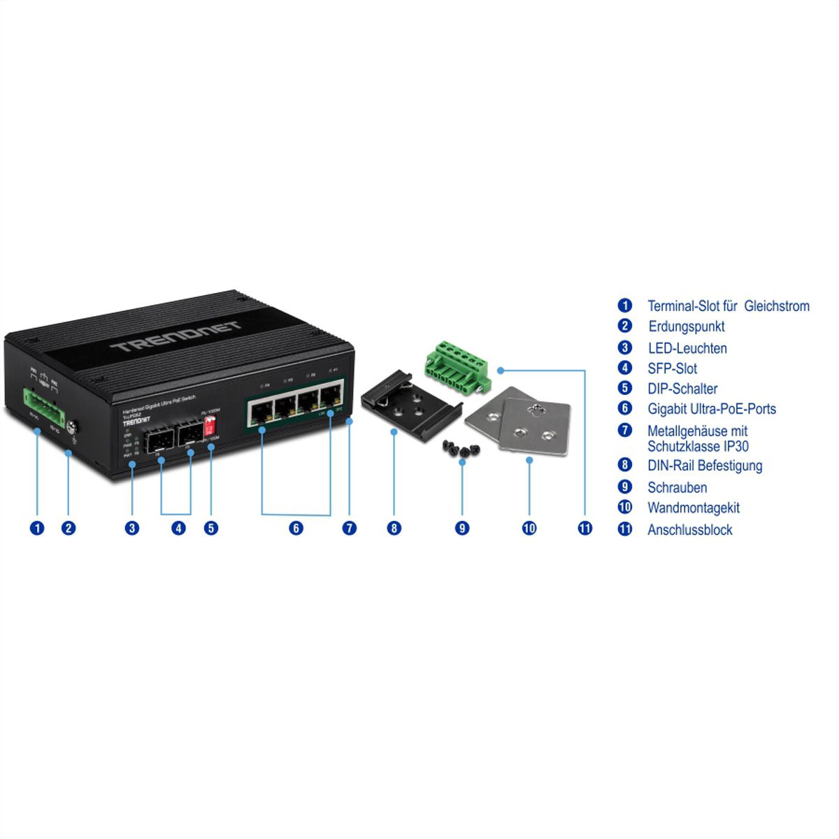 TRENDnet TI-UPG62 6-poorts Gigabit Switch Ultra PoE DIN-Rail Industrieel