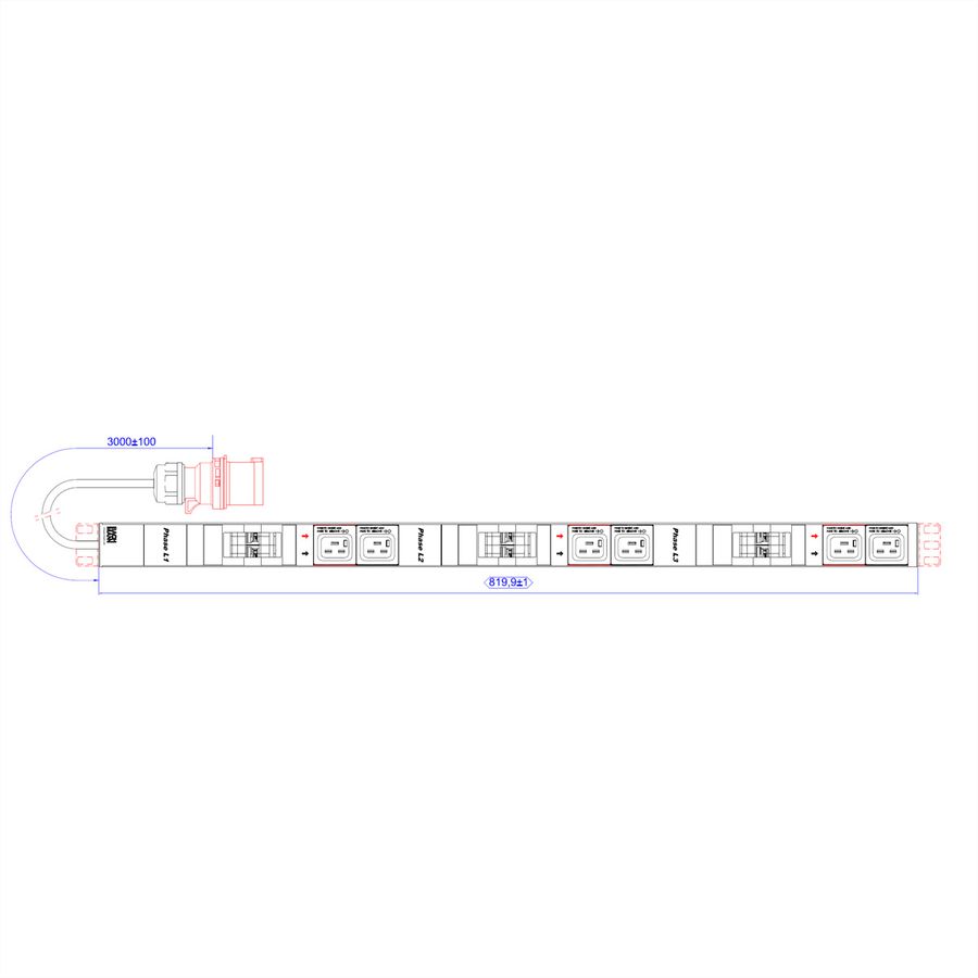 BACHMANN IT PDU ALU 0U 6x C19 6x miniature circuit breakers CEE 3x32A red