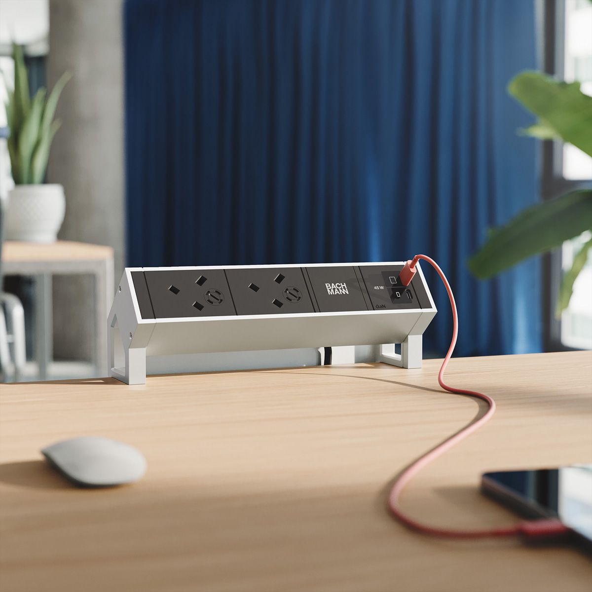 BACHMANN DESK2 2xUK 1xUSB C/C 45W, L=0,2m INOX
