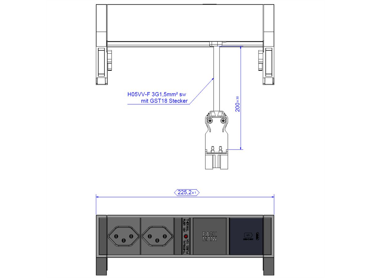BACHMANN DESK2 ALU ZWART 2xCH T13, 1xUSB C 30W 0,2m GST18 Zwitserland