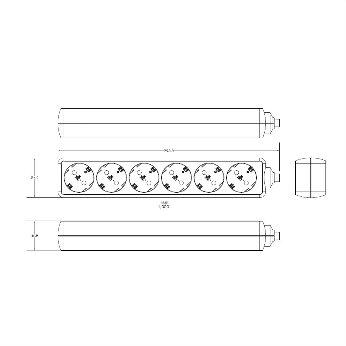 BACHMANN SELLY socket strip 6x earthing contact, black, 1.5 m