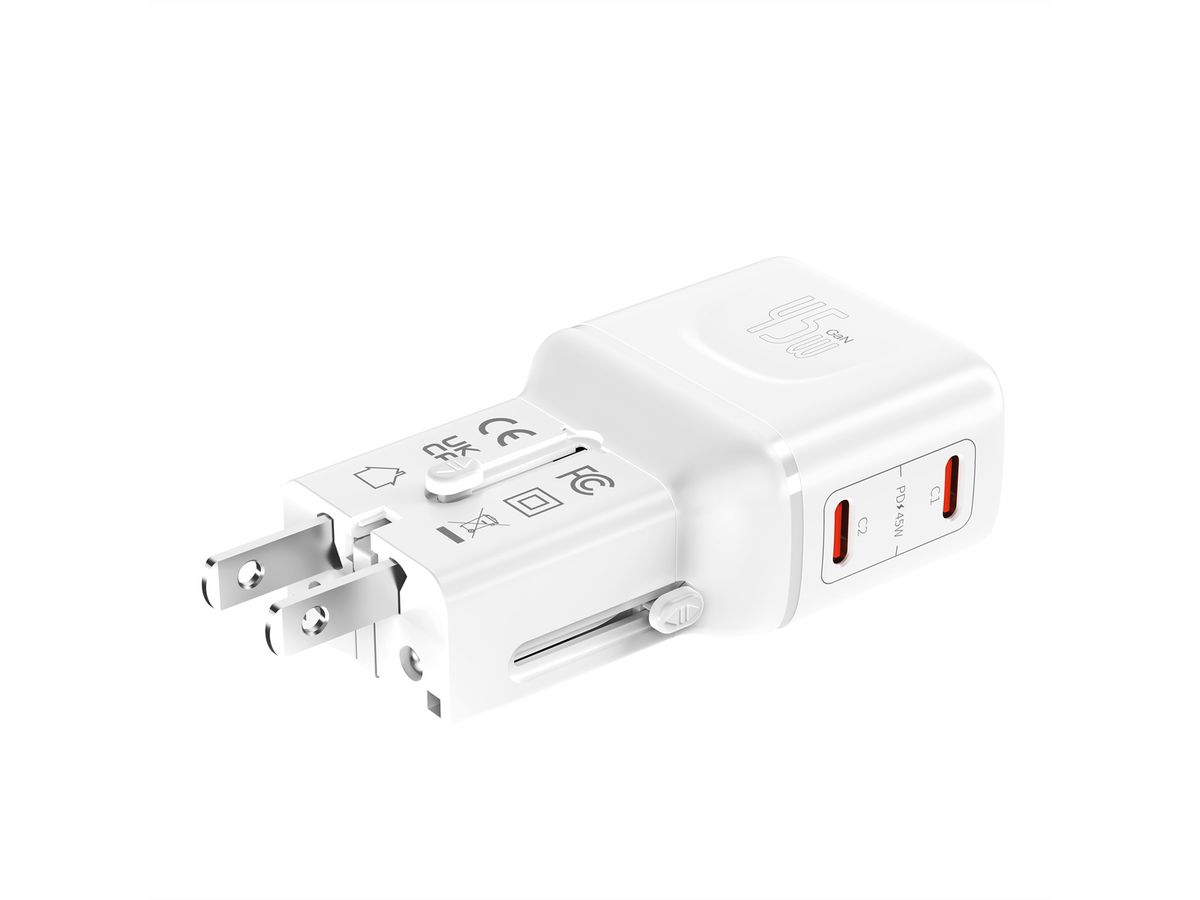 VALUE USB Reise-Charger mit Euro-Flach-/UK-/US-Stecker , 2x USB-C-Anschlüsse, 45 W
