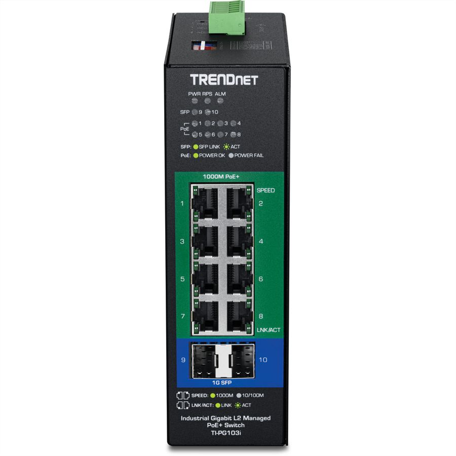 TRENDnet TI-PG103i 10-Port Industrial Gigabit L2 Managed PoE+ DIN-Rail Switch 24 – 57V