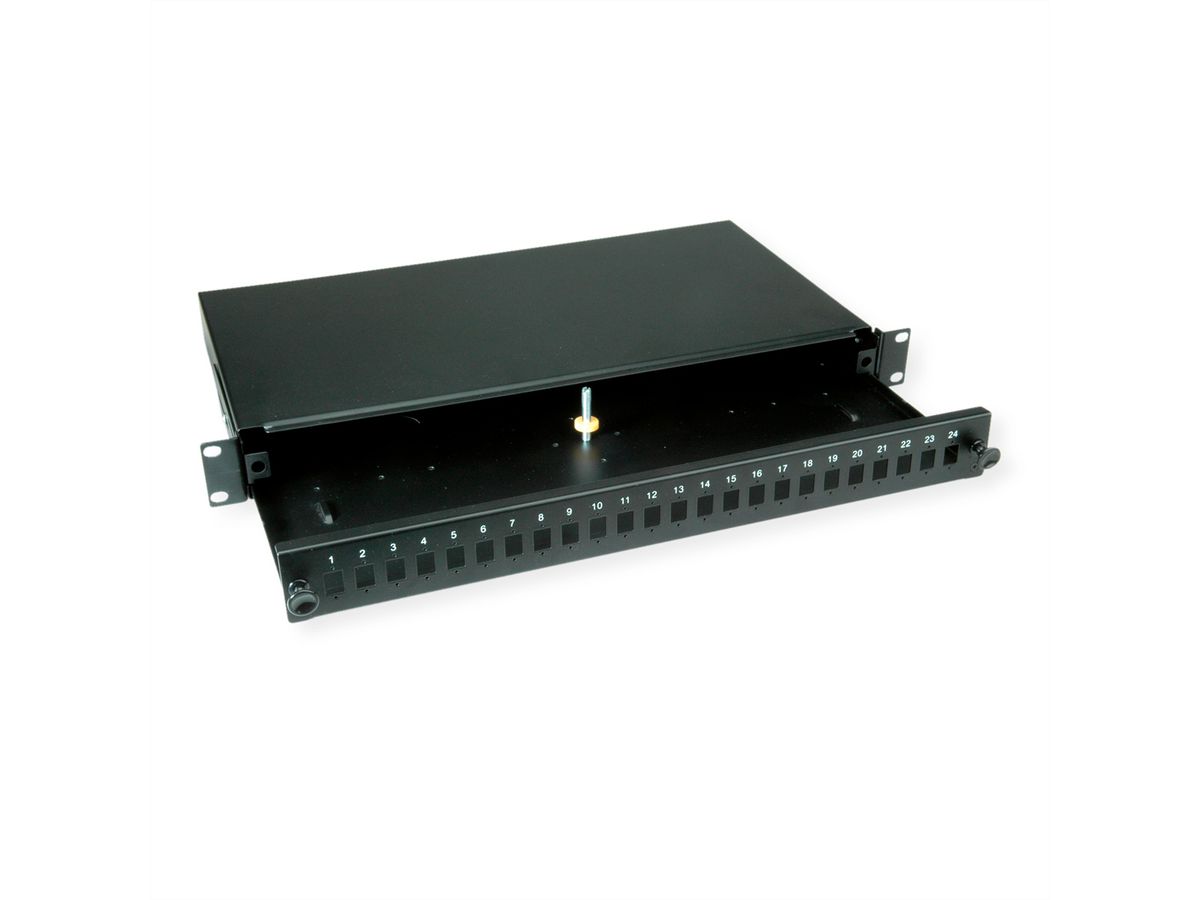 VALUE 19" glasvezel patchbox, leeg 1 HE, uittrekbaar, geschikt voor 24x SC-DX of 24x LC 4-voudig