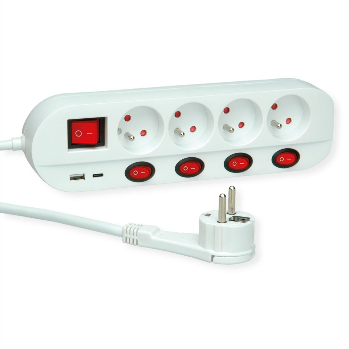 ROLINE 4-voudige stekkerdoos met schakelaar, UTE versie, USB-oplader A+C, 1,5 m