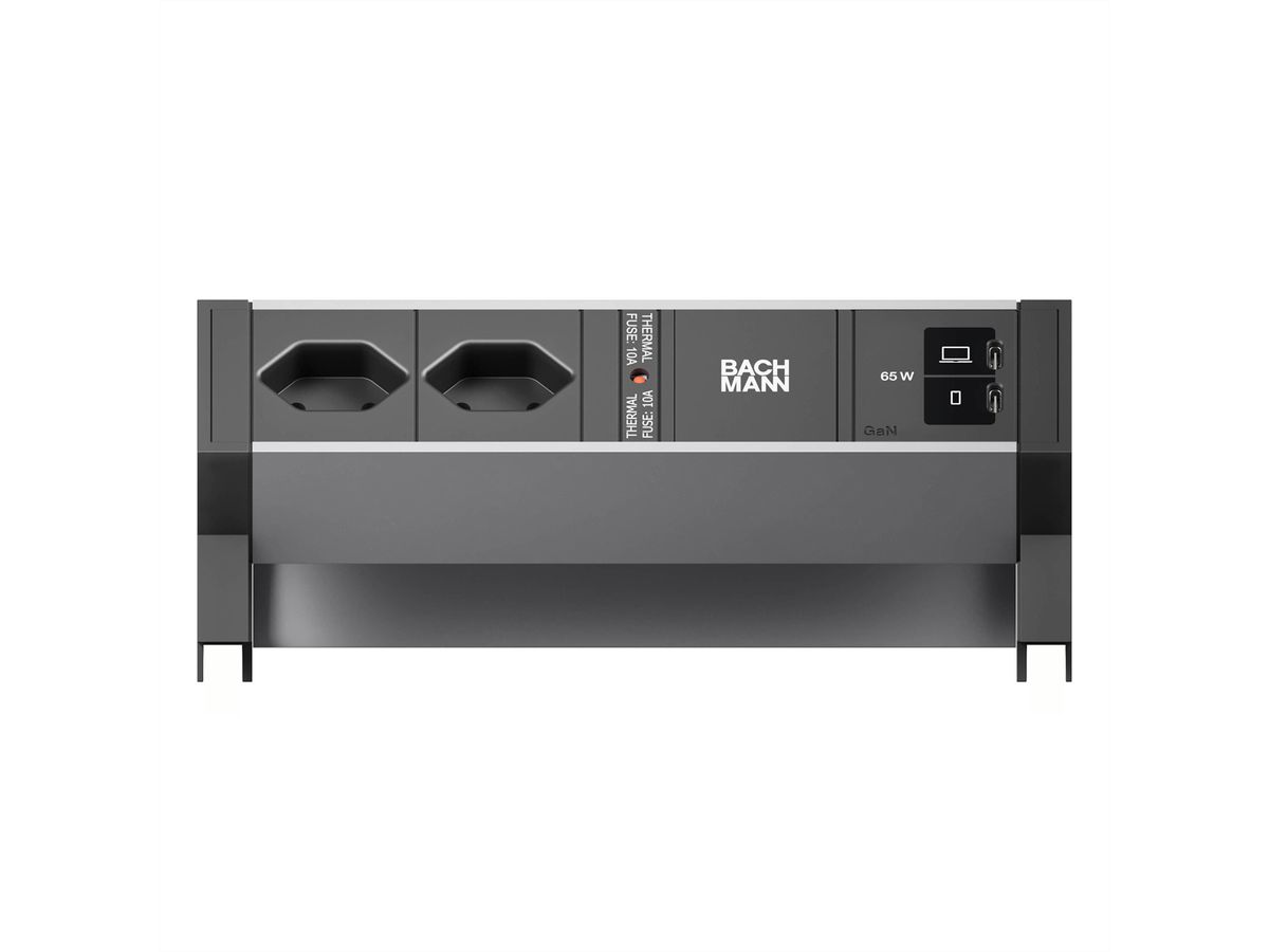 BACHMANN DESK2 ALU BLACK 2xCH 90°, 1xUSB C/C 65W L=0,2m