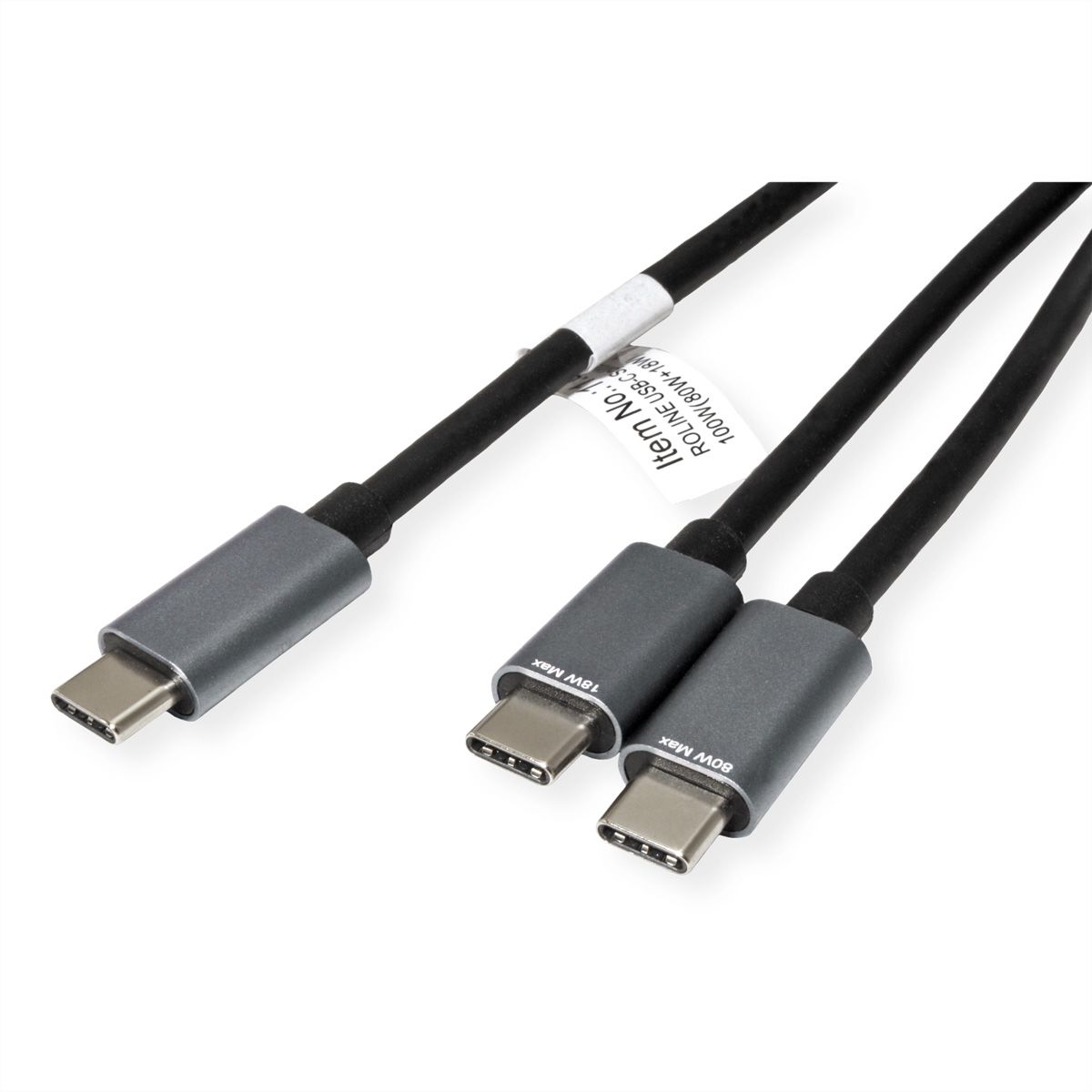 ROLINE USB type C split oplaadkabel, USB-C - 2x USB-C, M/M, max. 100W, zwart, 1,85 m