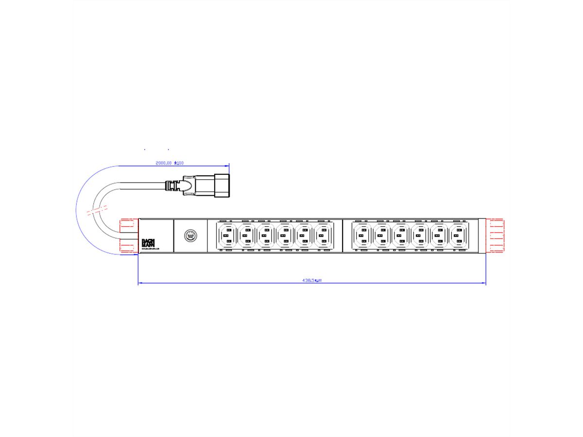 BACHMANN IT PDU ALU 19" 1U 12 x C13, Stroomkabel C14-stekker