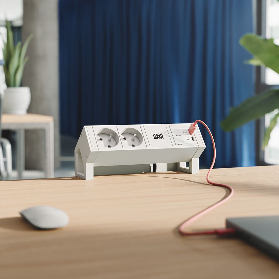 BACHMANN DESK2 white 2xUTE, 1xUSB C/C 65W L=0.2m RAL9010