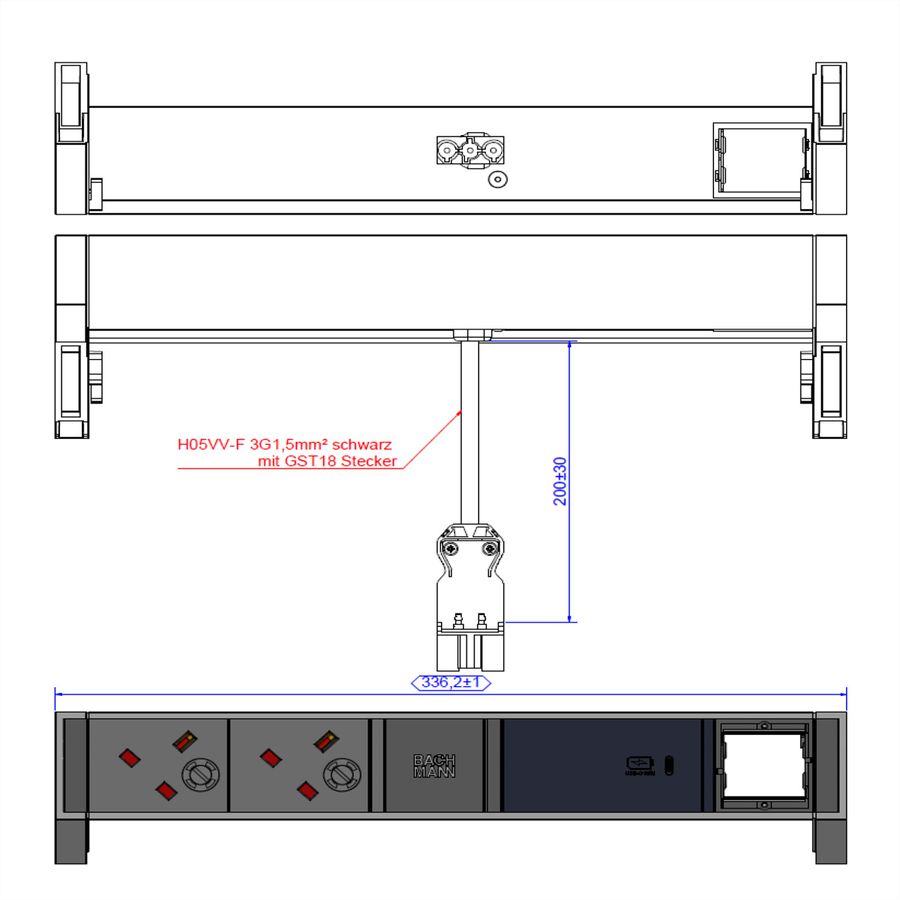 BACHMANN DESK2 ALU ZWART 2xUK 1xCM, 1xUSBC 60W 0,2m GST18 Verenigd Koninkrijk (UK)