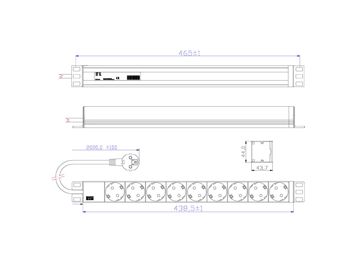 BACHMANN 19" socket strip 9-way, without switch, Aluminium