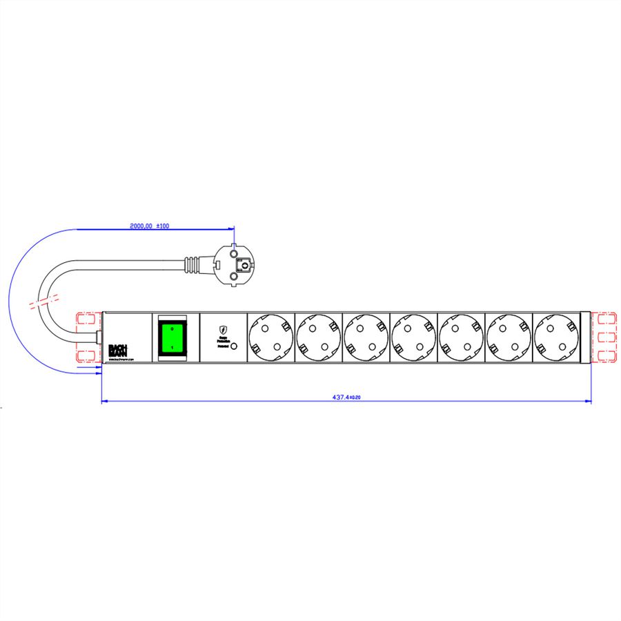 BACHMANN 19" 1U 7xCEE7/3 1xSPD-Plus 1xswitch 2.0m CEE7/7