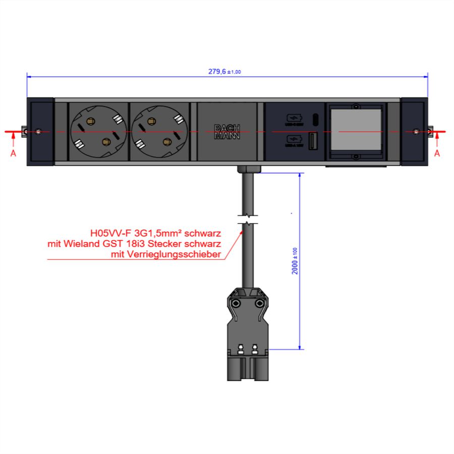 BACHMANN DESK RAIL 2xprotective contact USB A&C, USB Charger 22W 1xABD 2.0m GST18