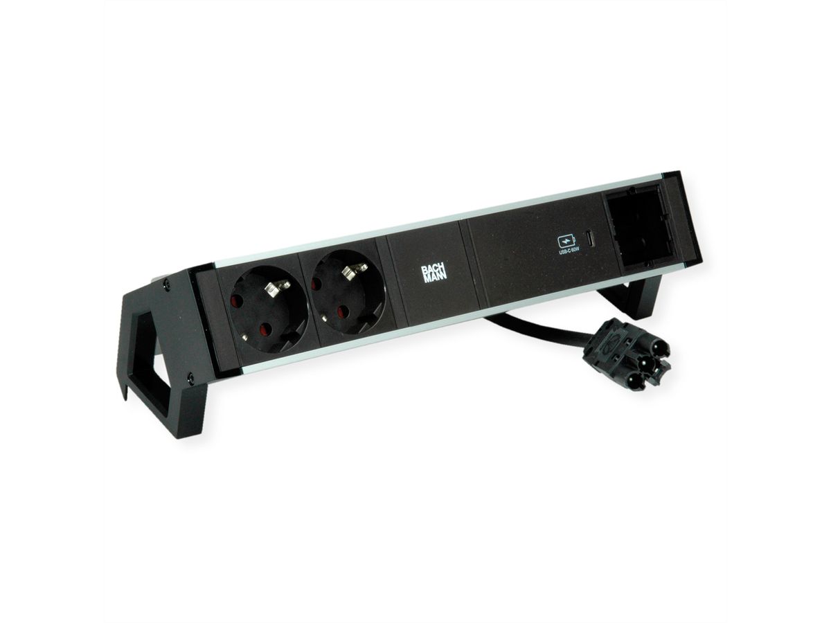 BACHMANN DESK2 ALU ZWART 2xbeschermend contact USB C, USB Lader 60W 1xABD 0,2m GST18