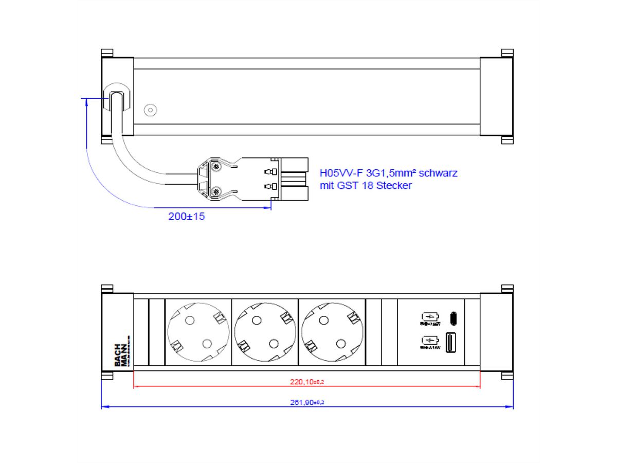 BACHMANN POWER FRAME M 3xCEE7/3, USB A&C 22W Charger 0.2m GST18