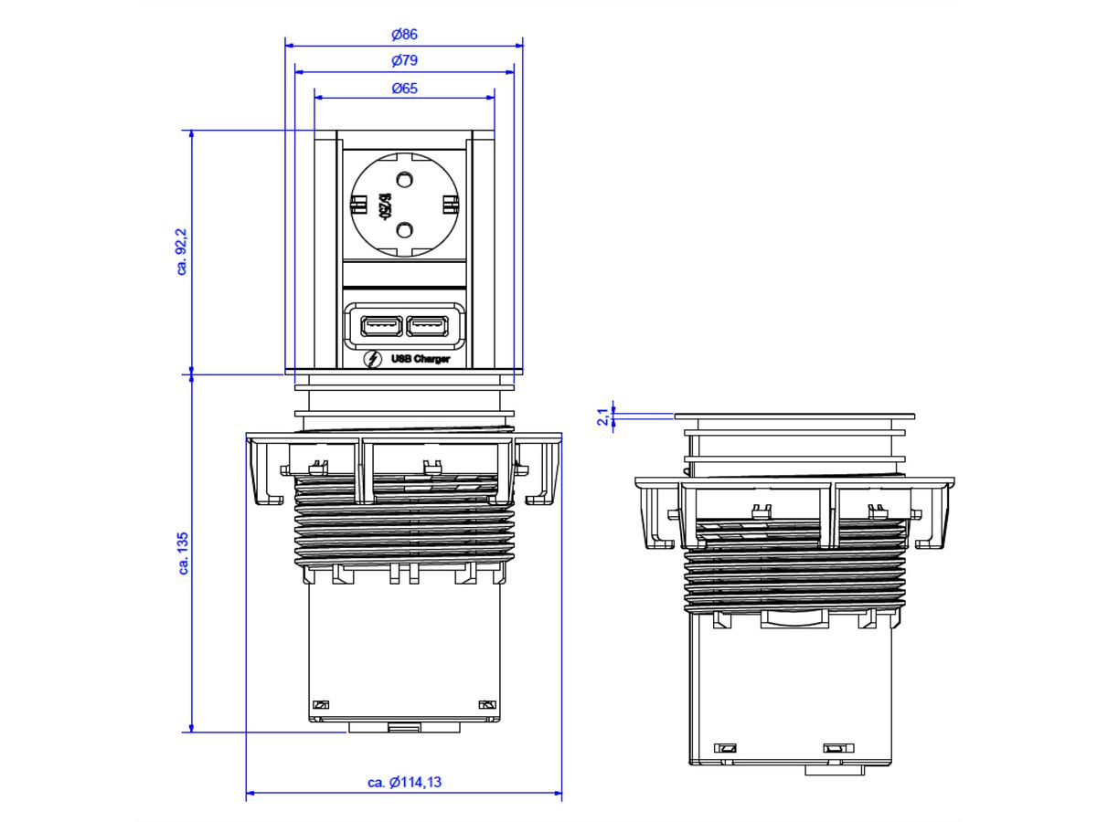 BACHMANN ELEVATOR 1xCEE7/3 USB Charger, Power 2.0m CEE7/7