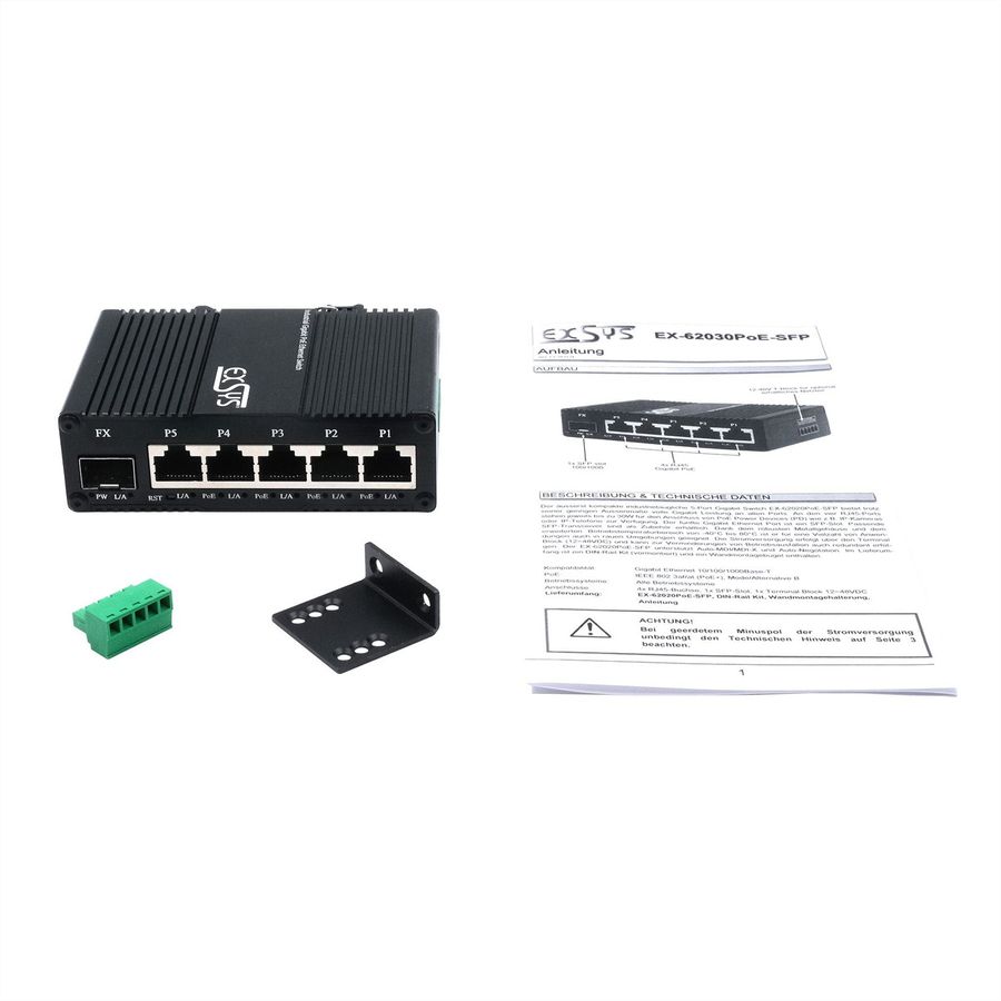 EXSYS EX-62030MPoE-SFP-5+1-poorts industriële Gigabit SFP PoE+ mini-switch