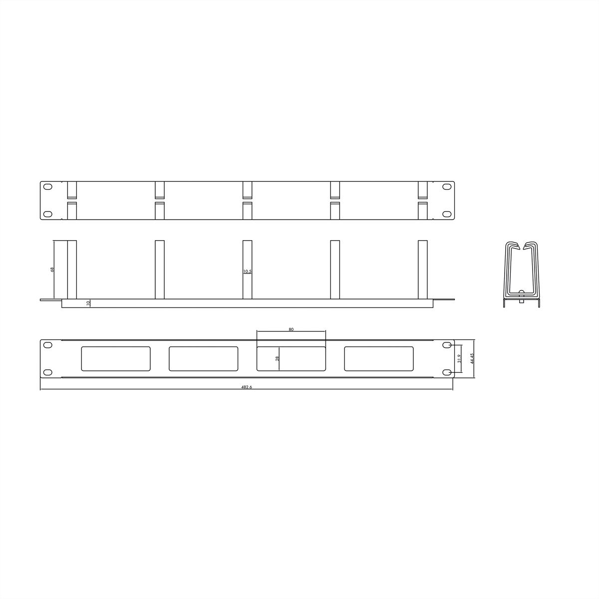 VALUE 19" 1U Cable Management Plate, C-Type, 5 Hooks, Cut-out front panel / cable feed-through, grey