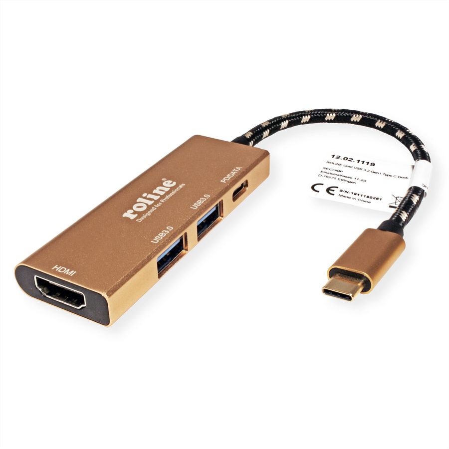ROLINE GOLD USB-C dockingstation, HDMI 4K, 2x USB 3.2 Gen 1, 1x PD